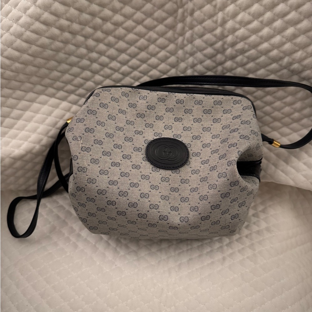 SOLD - Gucci Cream and Blue Crossbody Bag with Monogram Design
